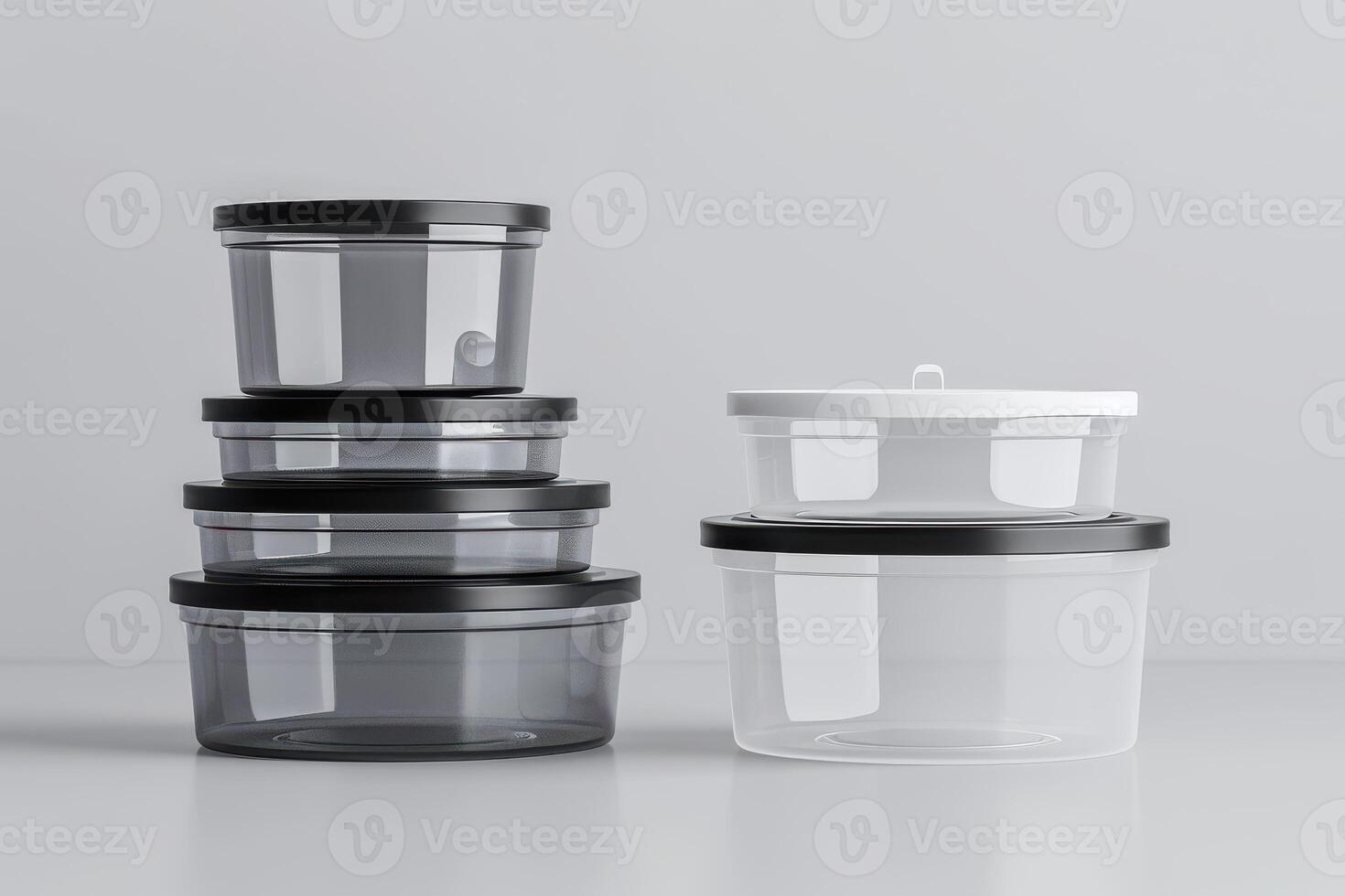Stack of transparent storage containers with black lids on a light background photo
