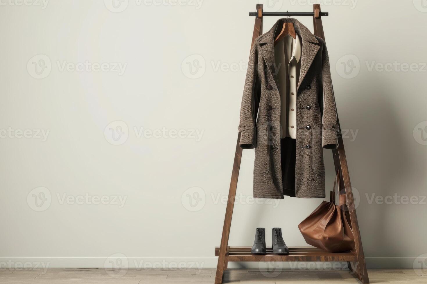 A stylish brown coat and accessories displayed on a wooden rack in a minimalist room with neutral walls photo