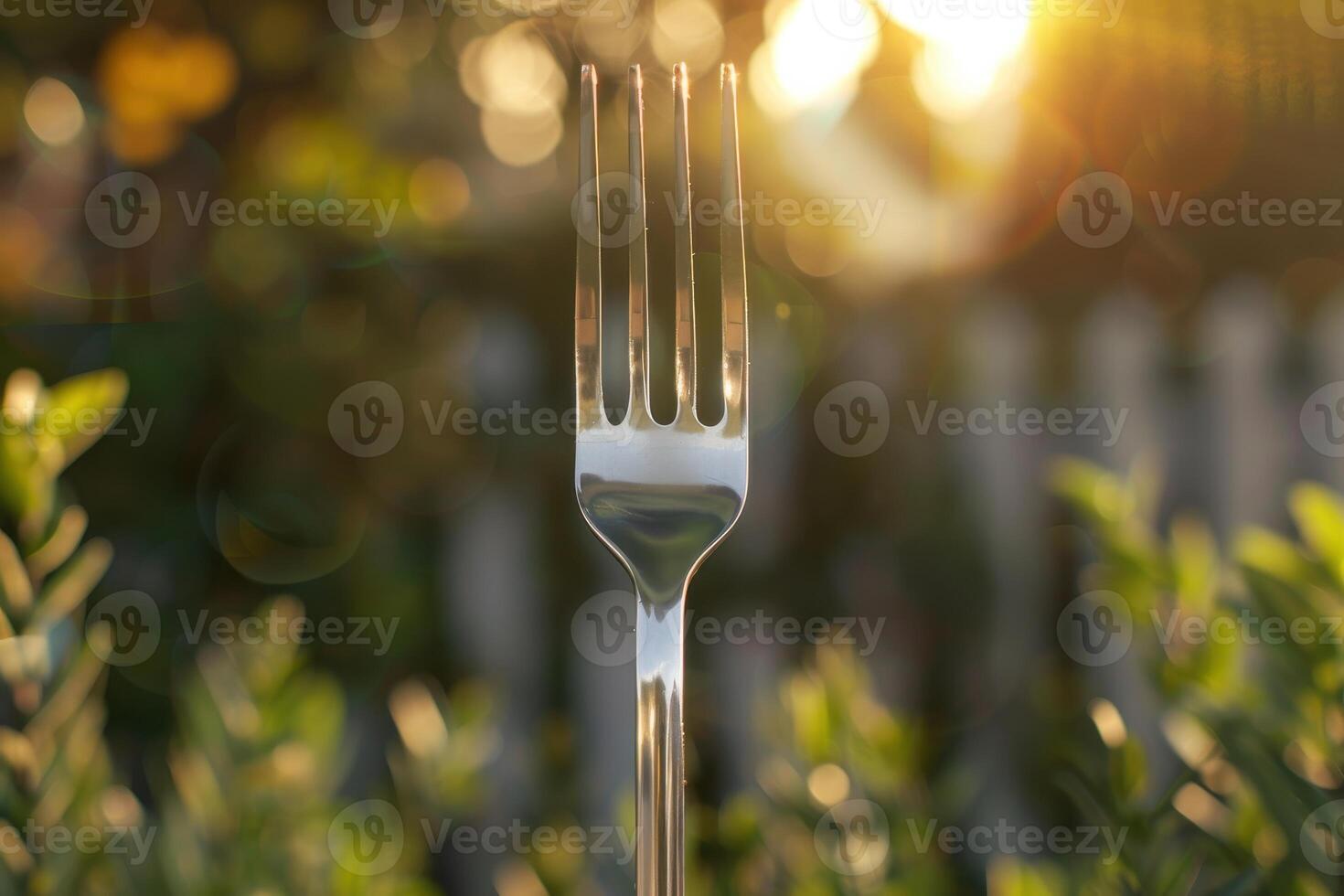 A silver fork stands upright among lush greenery during a golden sunset in a peaceful outdoor setting photo