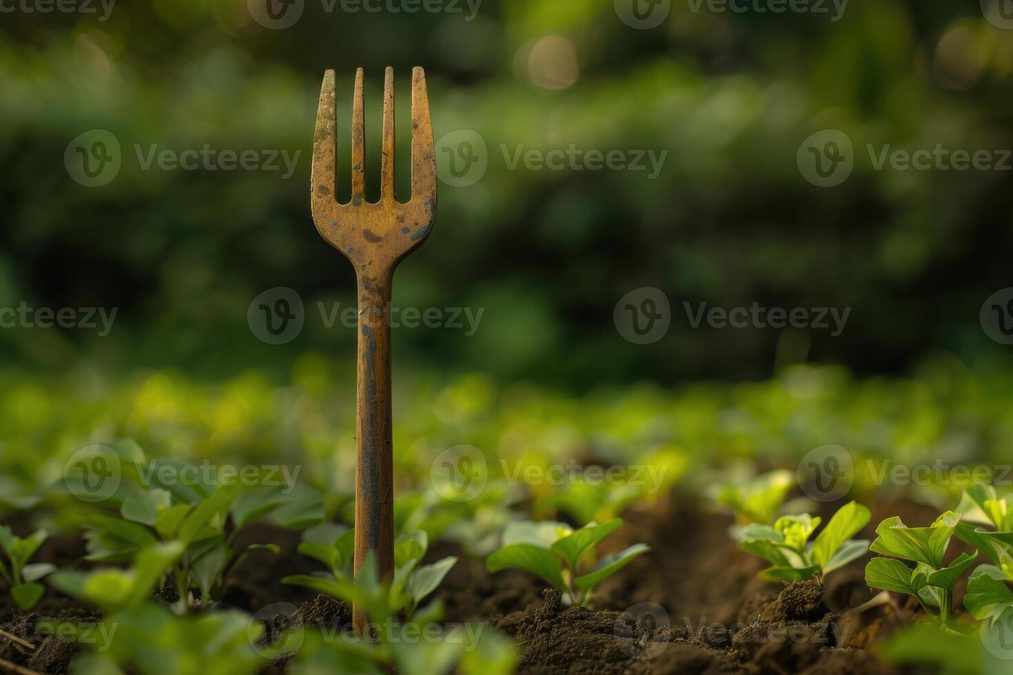 Old gardening fork standing upright in a lush green garden with young plants during the daytime photo