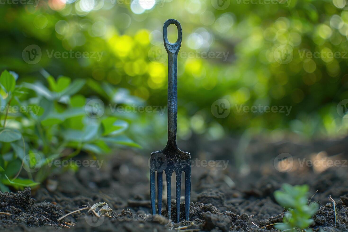 A garden fork stands upright in rich, dark soil surrounded by vibrant green plants on a sunny day photo