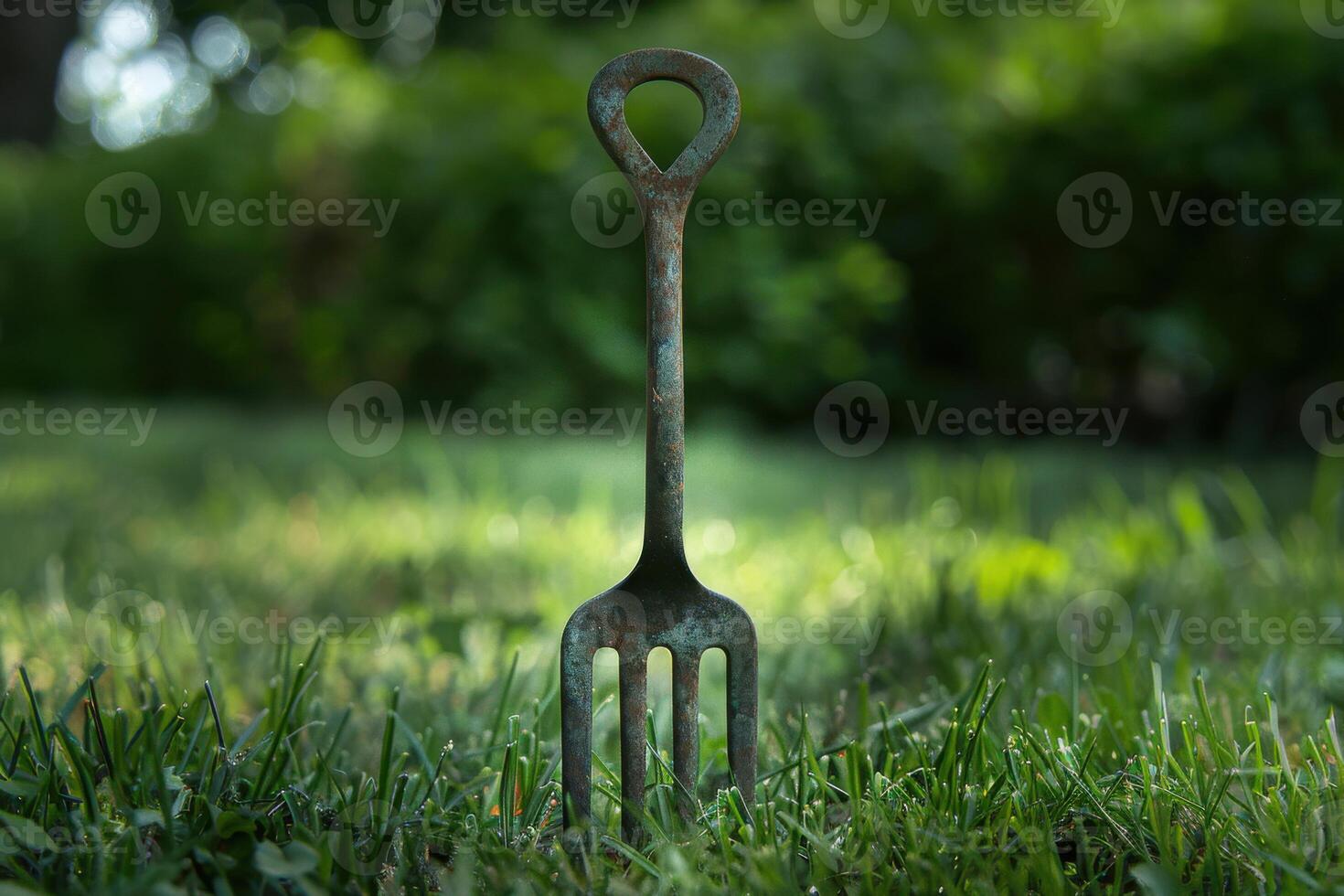A rustic garden fork stands upright in lush green grass on a sunny day photo