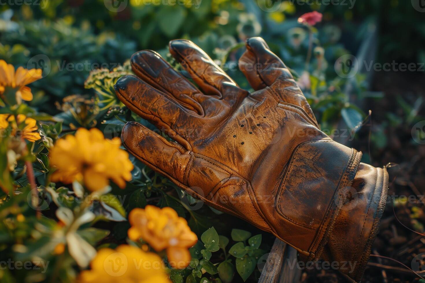 A weathered gardening glove rests among vibrant flowers in a sunny garden photo