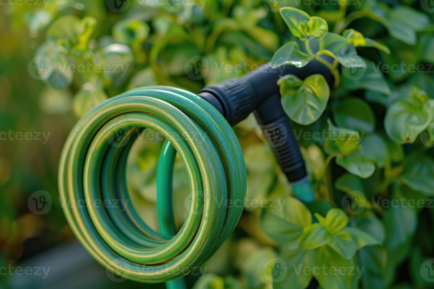 Green garden hose coiled near vibrant foliage in a sunny garden photo