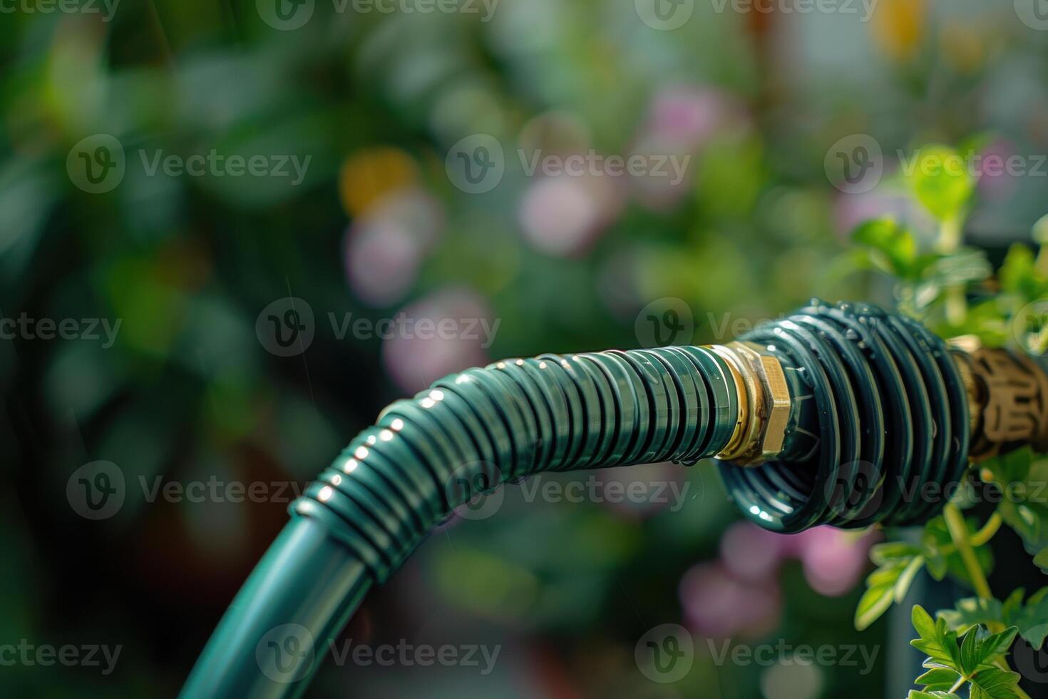 A close-up of a garden hose connected to a watering system in a vibrant garden with flowering plants during daylight photo