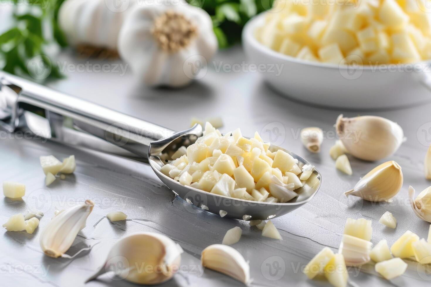 Chopped garlic in a stainless steel press on a kitchen countertop with whole garlic and parsley in the background photo