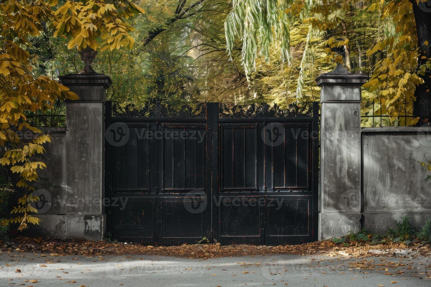Black wrought-iron gate set against autumn foliage in a serene park during daylight photo