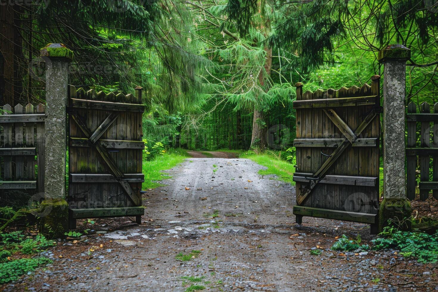 Two wooden gates open onto a gravel path leading into a lush green forest during daylight photo