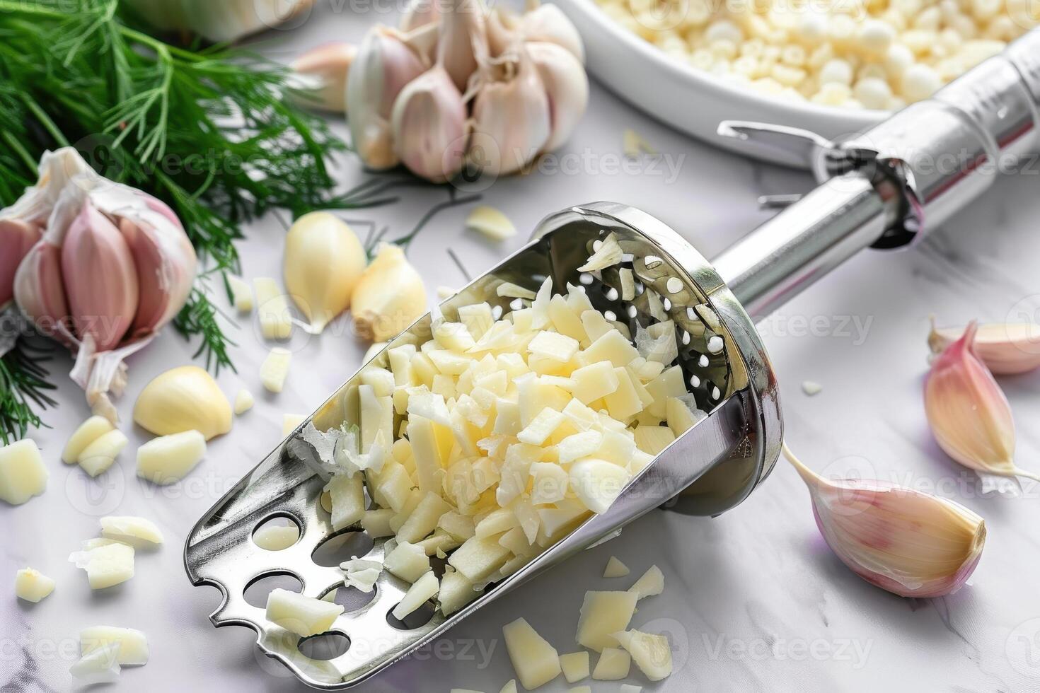Chopped garlic and garlic cloves on a marble countertop with fresh herbs and a stainless steel garlic press photo