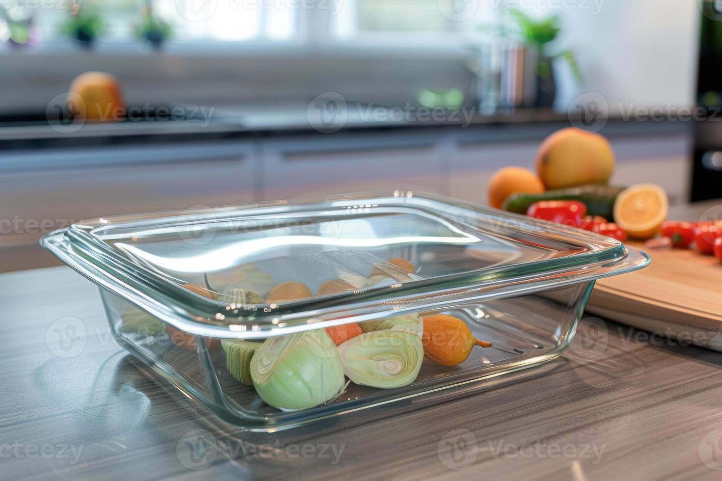 Fresh vegetables and fruits in a glass dish on a kitchen counter during daytime photo