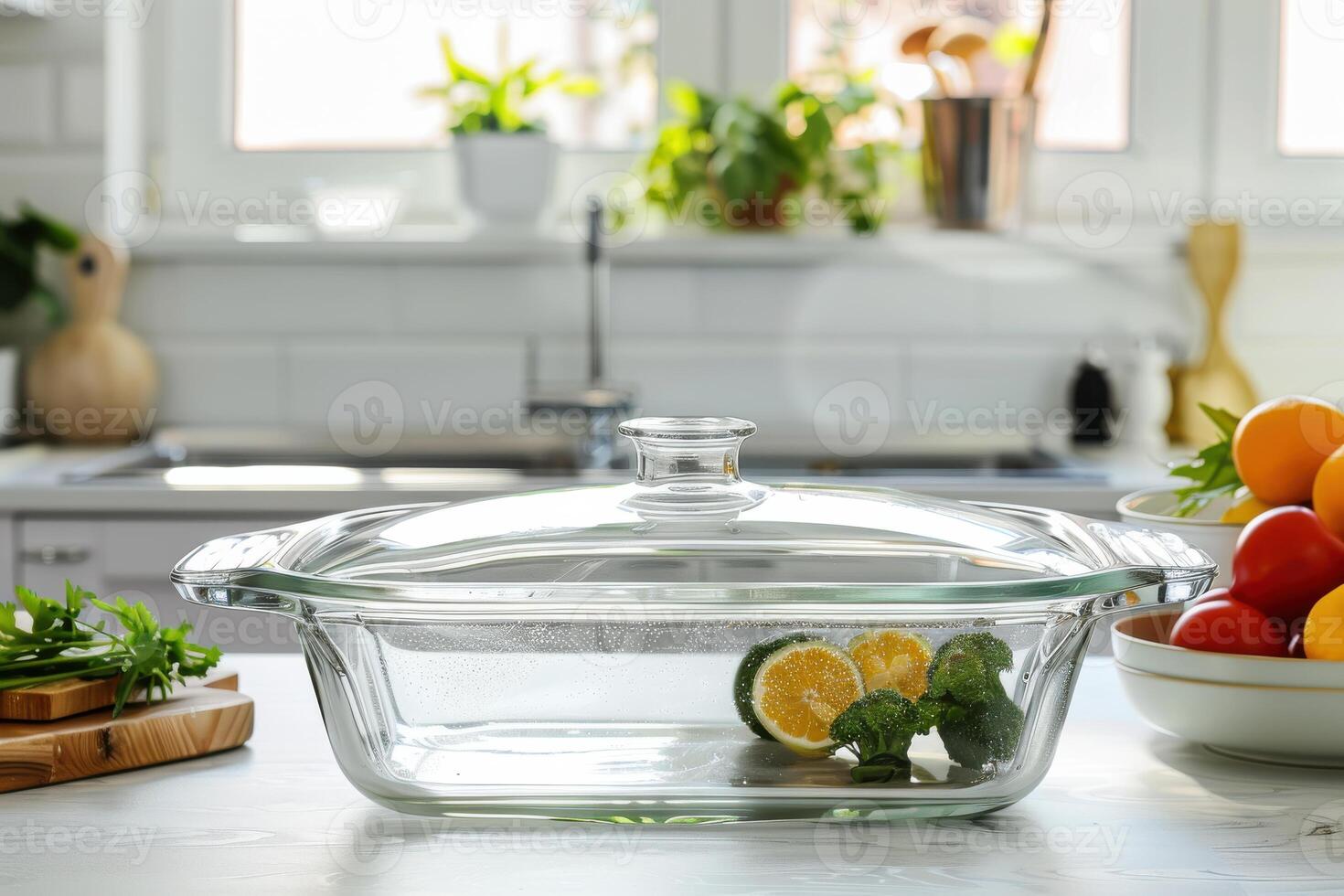 Clear glass dish with a lid holding fresh broccoli and lemon on a kitchen counter during daylight photo