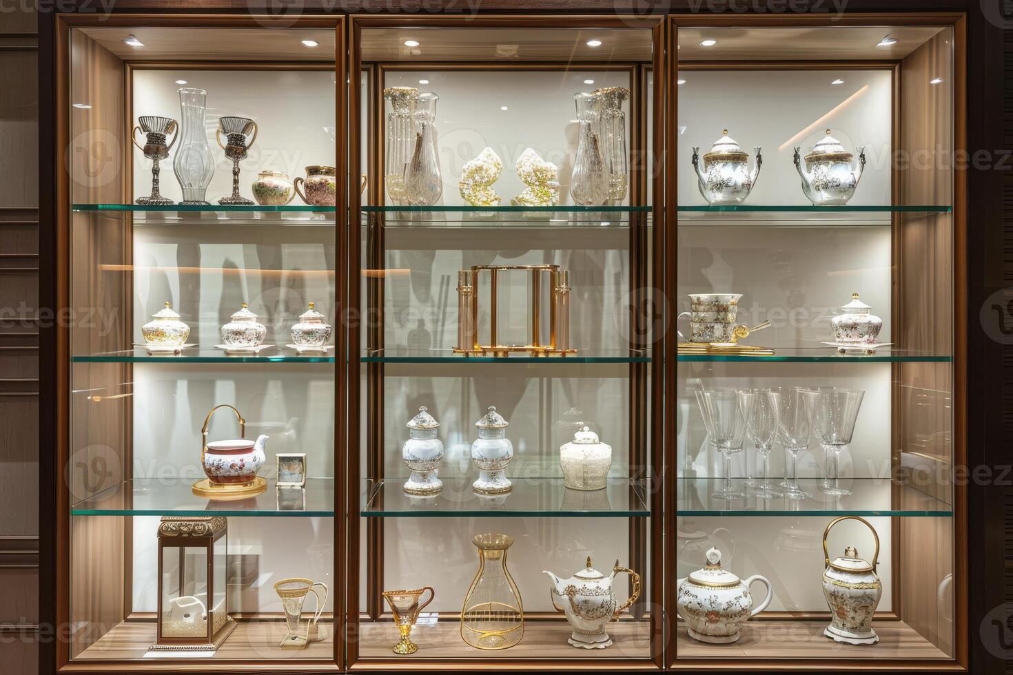 Display of elegant glassware and porcelain in a well-lit showcase in a luxurious interior photo