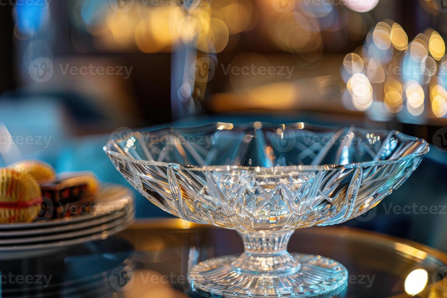 Crystal bowl on a reflective surface with blurred background decorations in a dining setting at night photo