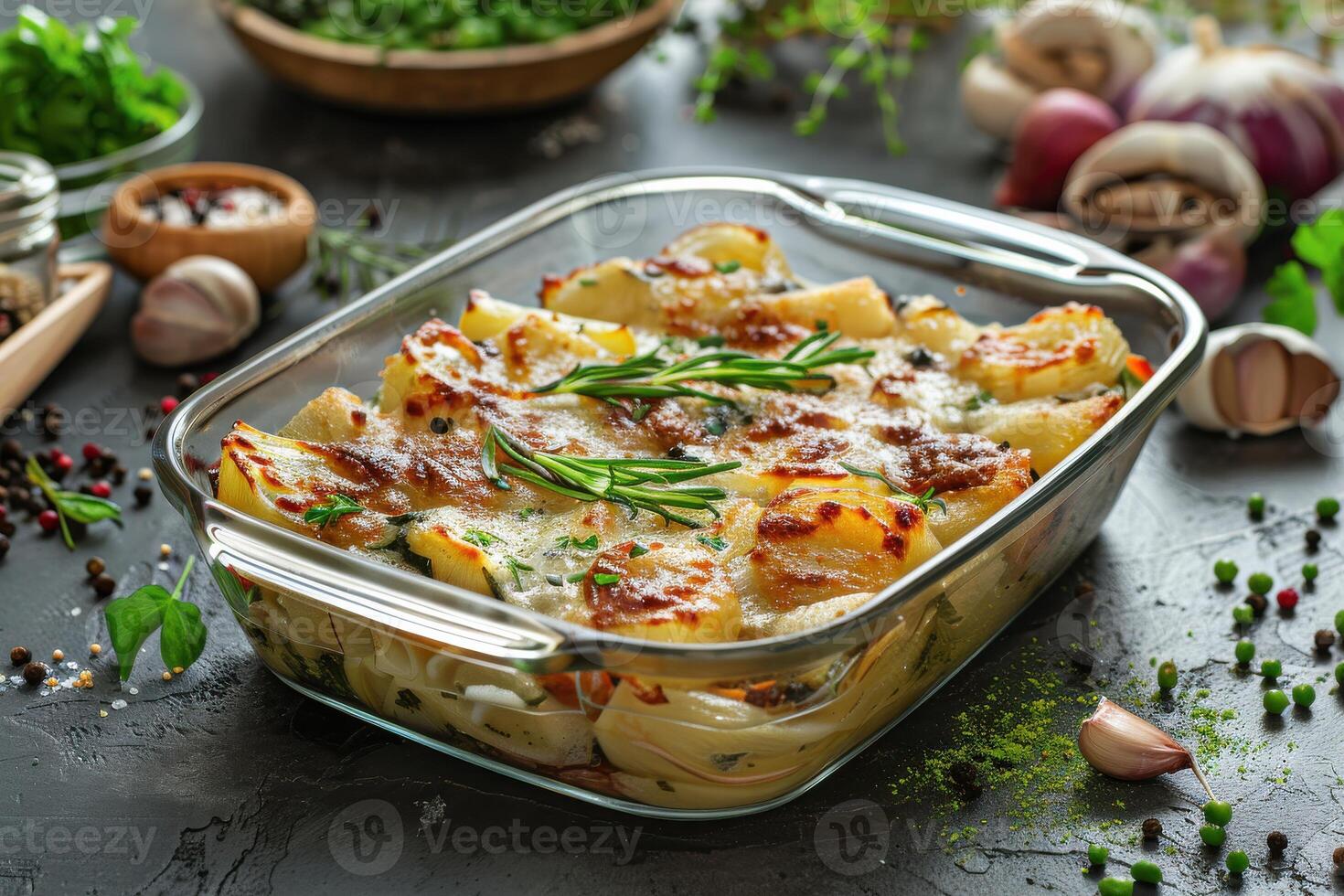 Baked pasta dish with creamy sauce and herbs placed on a dark kitchen countertop adorned with fresh ingredients photo