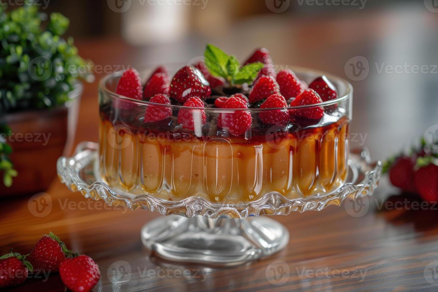 Delicious berry dessert in a glass dish on a wooden table with fresh strawberries and greenery photo