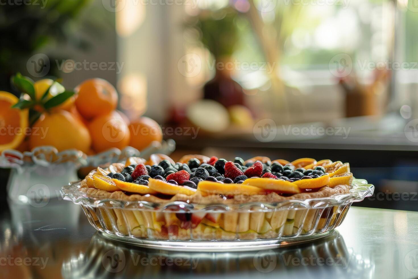 Fresh fruit tart with berries and peaches displayed on a kitchen countertop with oranges in the background photo