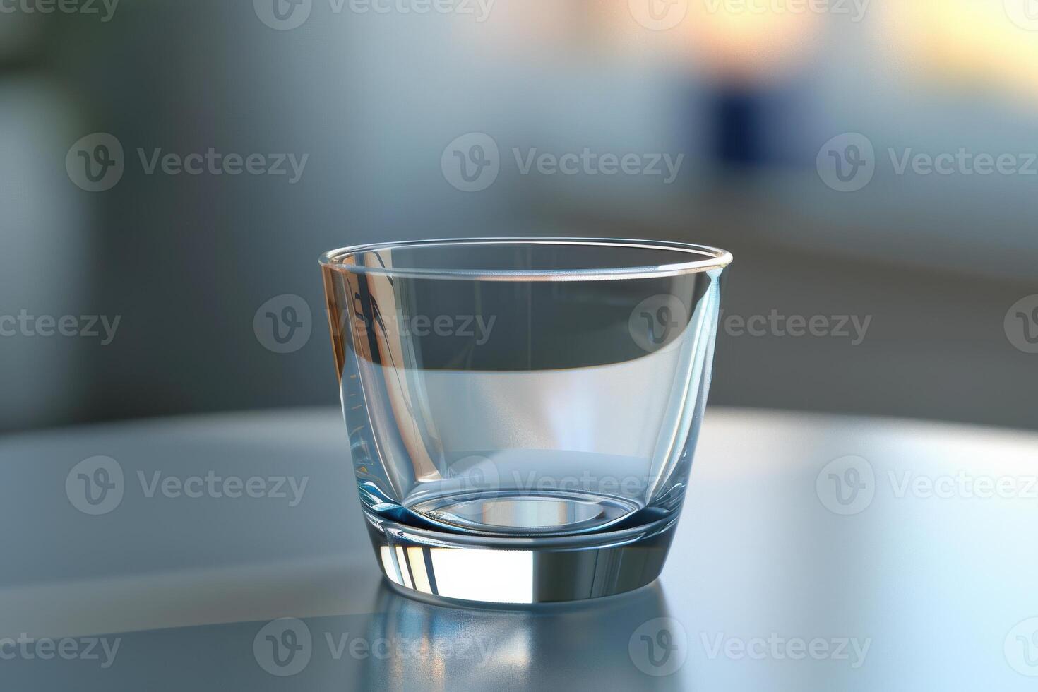 Clear glass tumbler on a reflective surface with soft lighting in the background photo