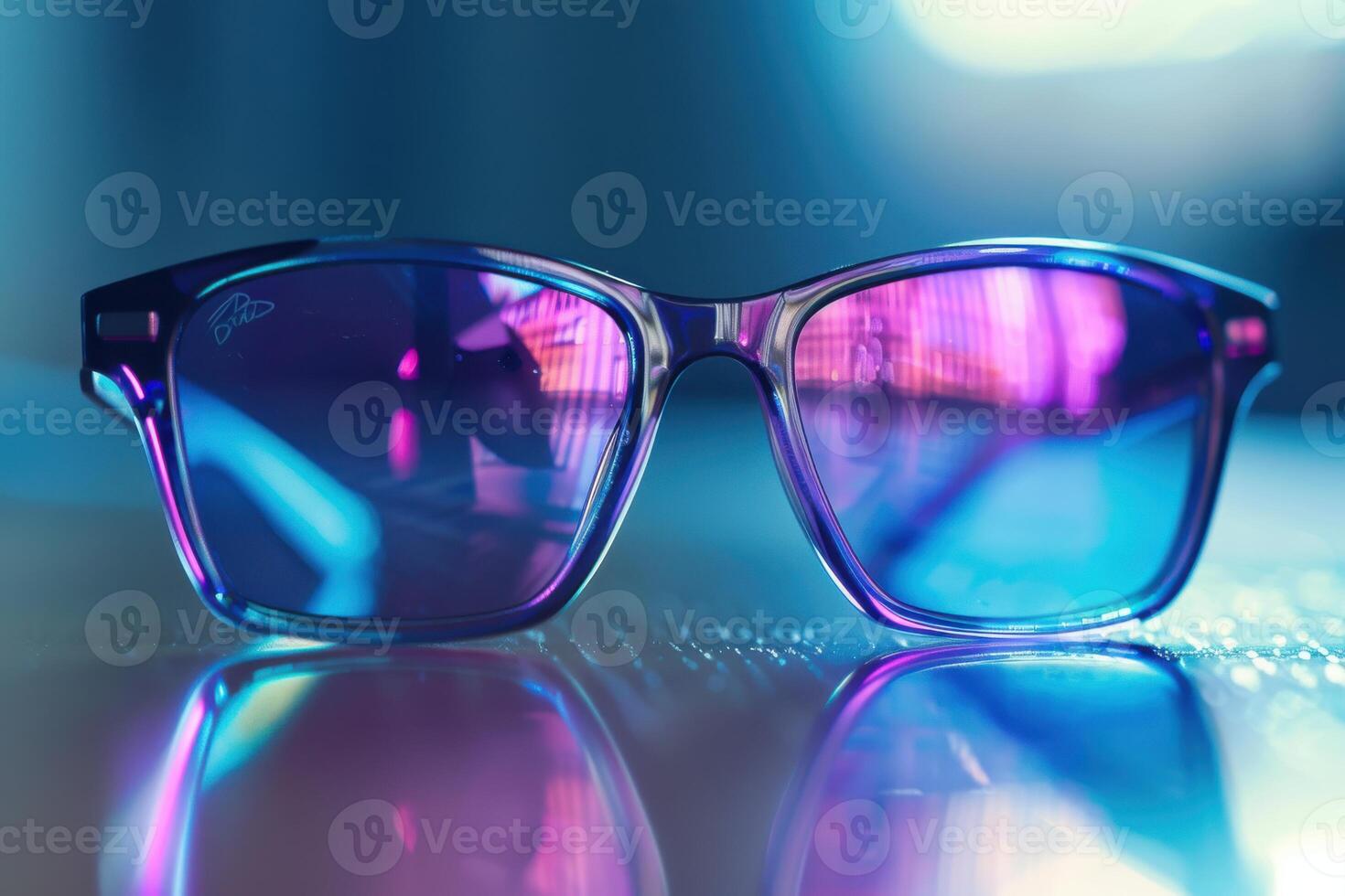 Colorful sunglasses reflecting vibrant lights on a surface photo