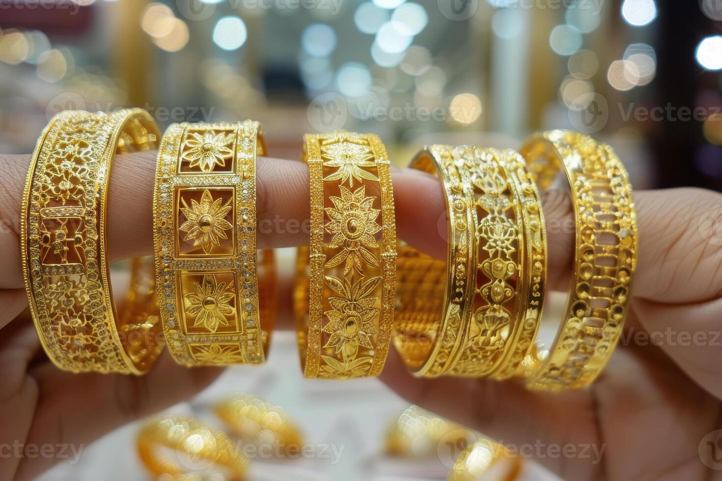 Hands showcasing a selection of intricate gold bangles at a market during the day photo