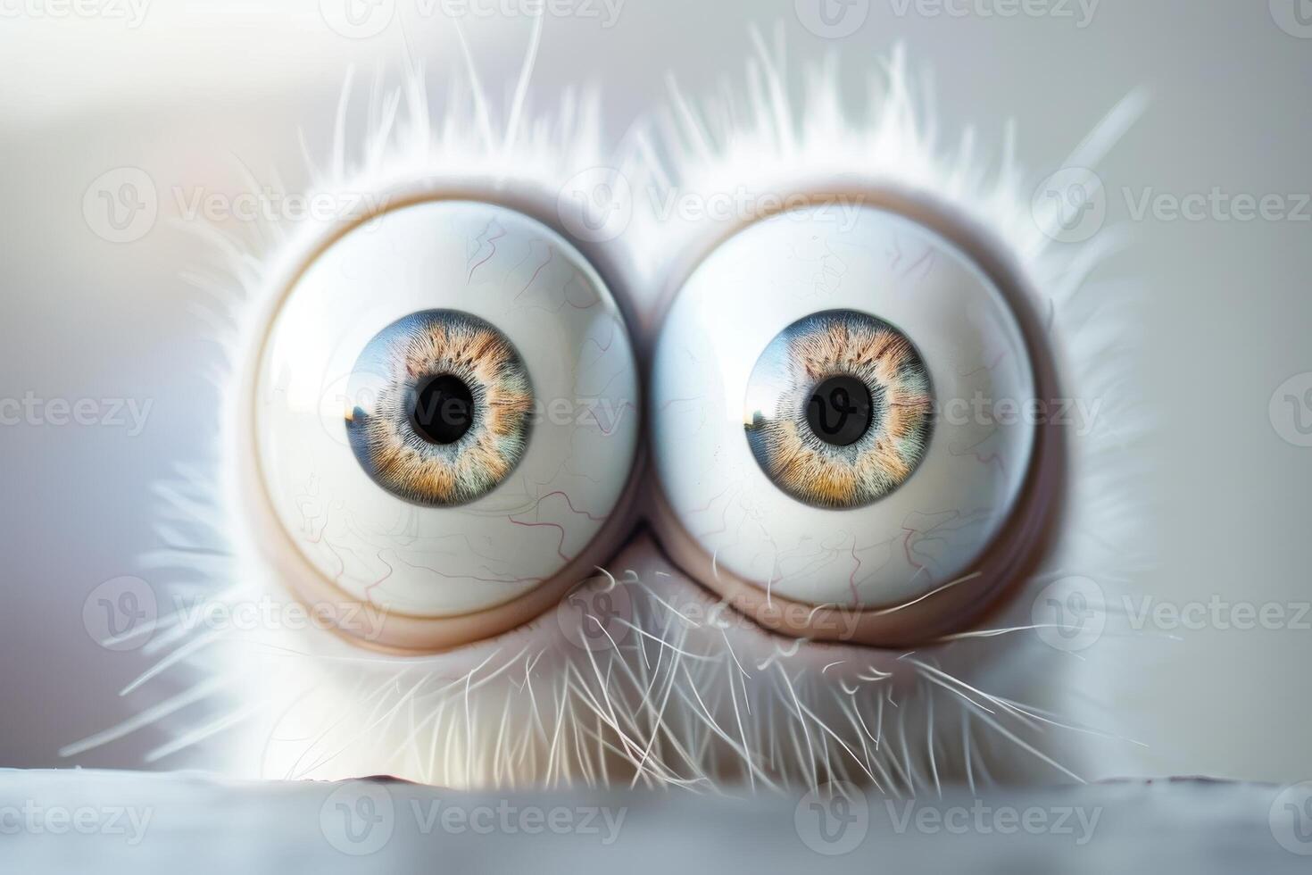 Fluffy creature with oversized eyes gazing intently, showcasing intricate iris patterns and a soft, furry texture photo