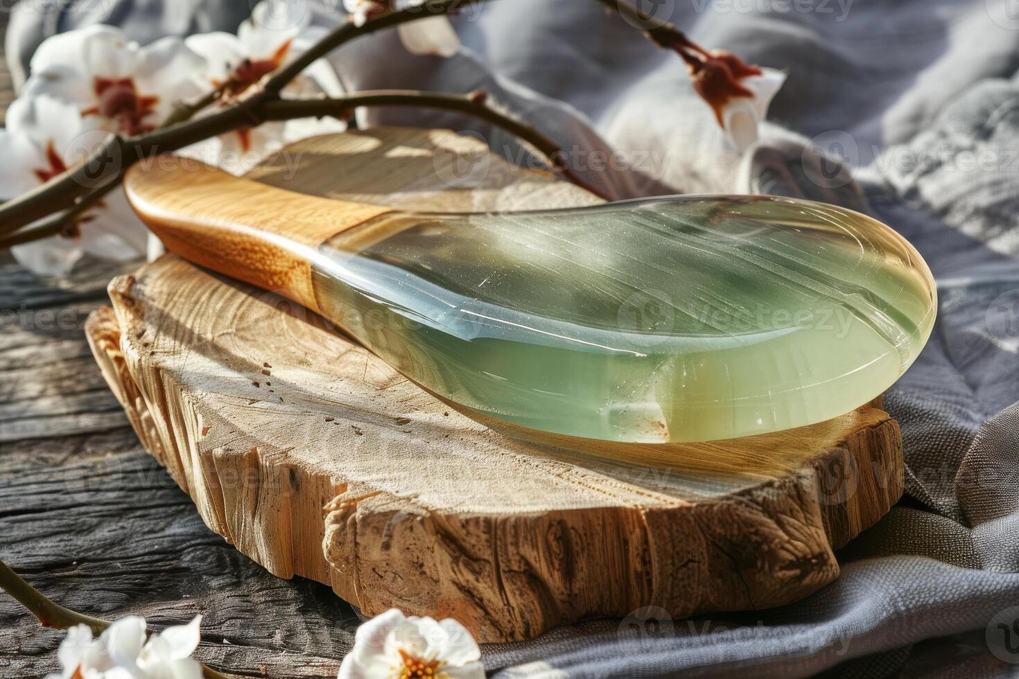 A bamboo-handled jade gua sha tool resting on a rustic wooden surface with blossoming branches nearby photo
