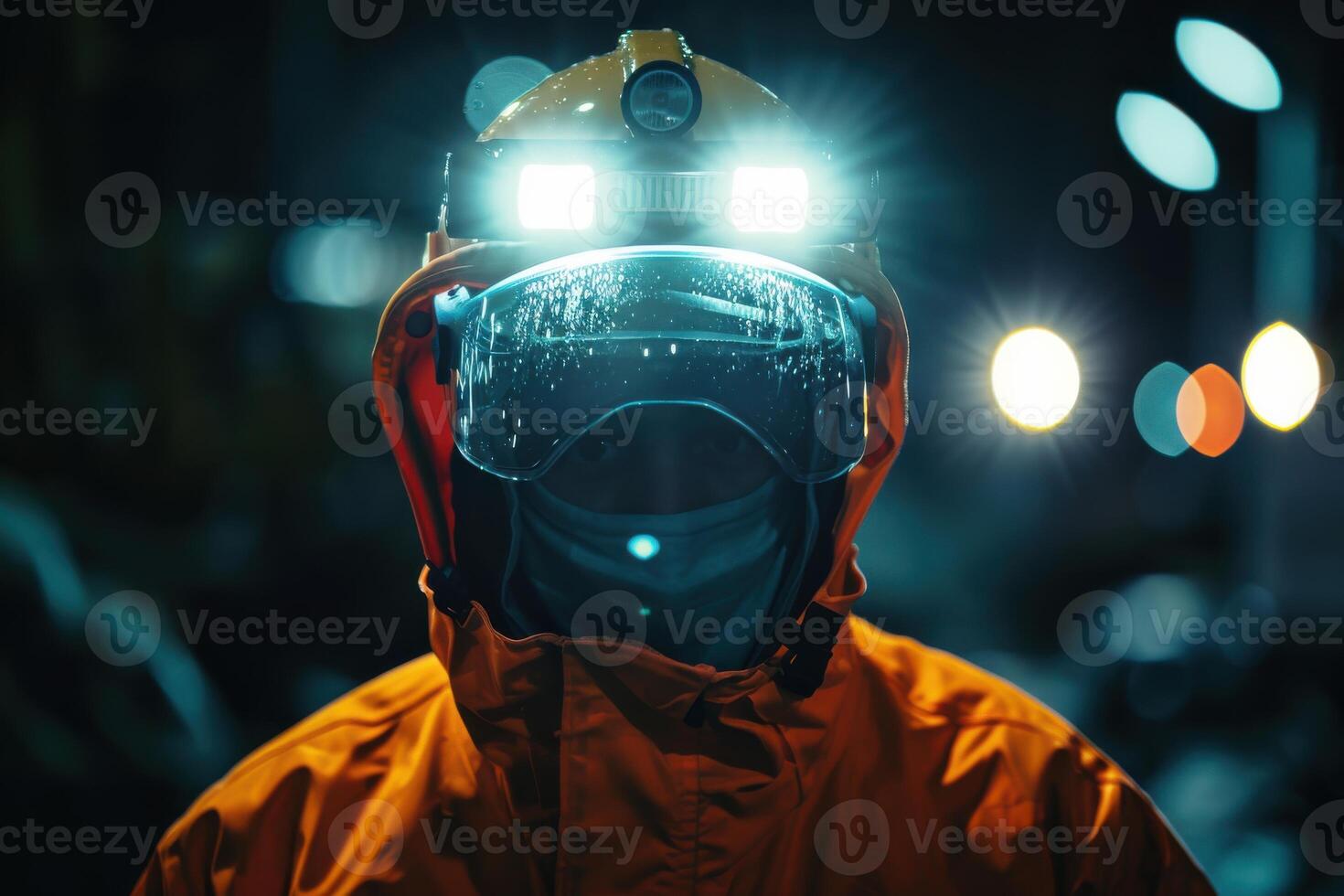 Person in orange safety gear wearing a headlamp and face shield against a dark backdrop at an industrial site at night photo
