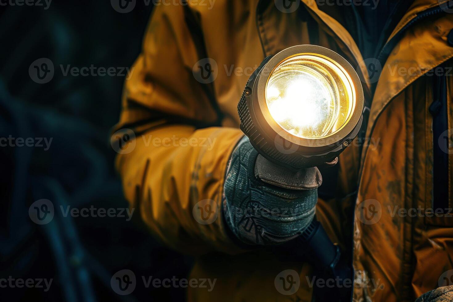 A person holding a flashlight in a dark forest during the evening photo