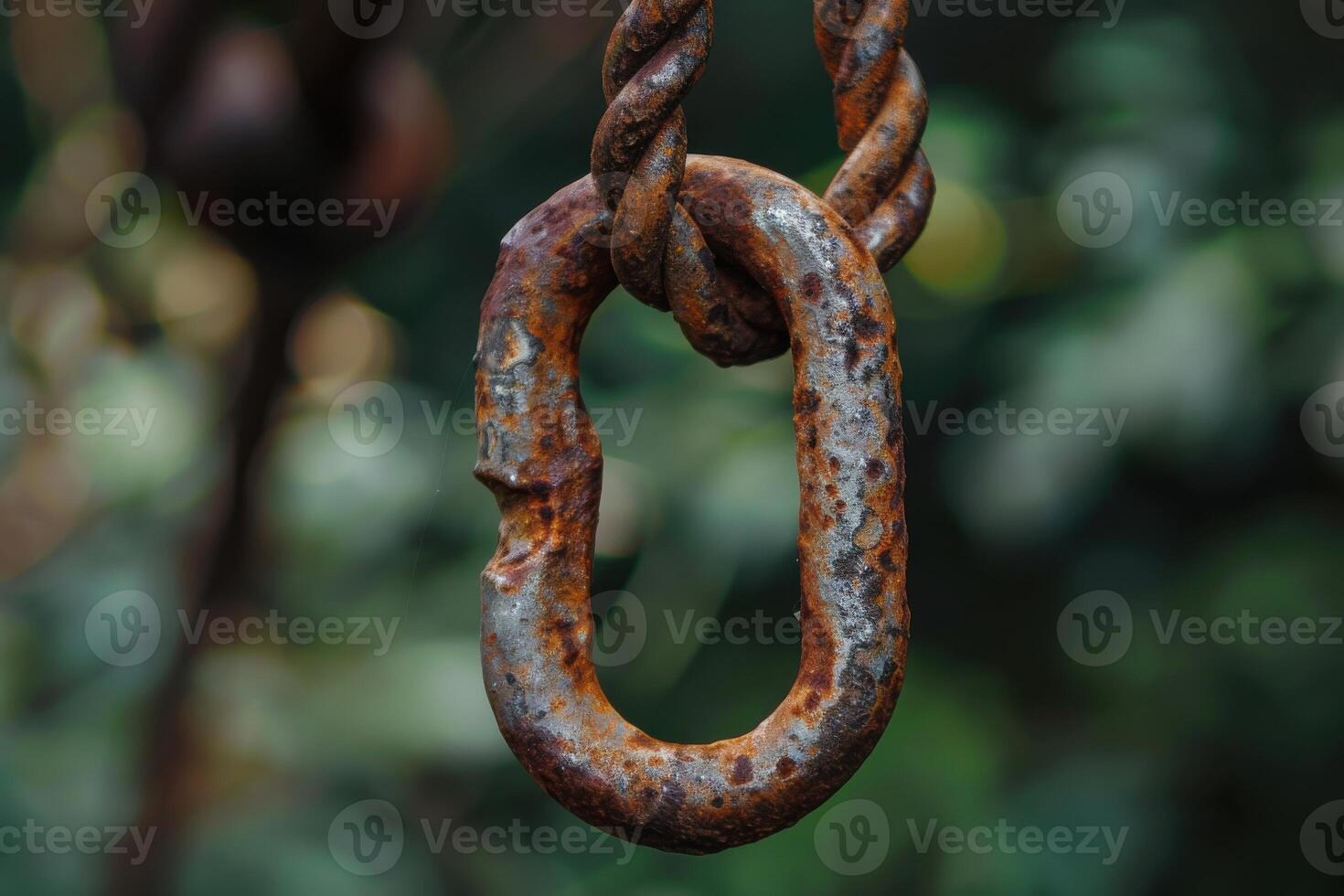 Rusty metal link hanging from a twisted chain against a blurred green background in an outdoor setting photo