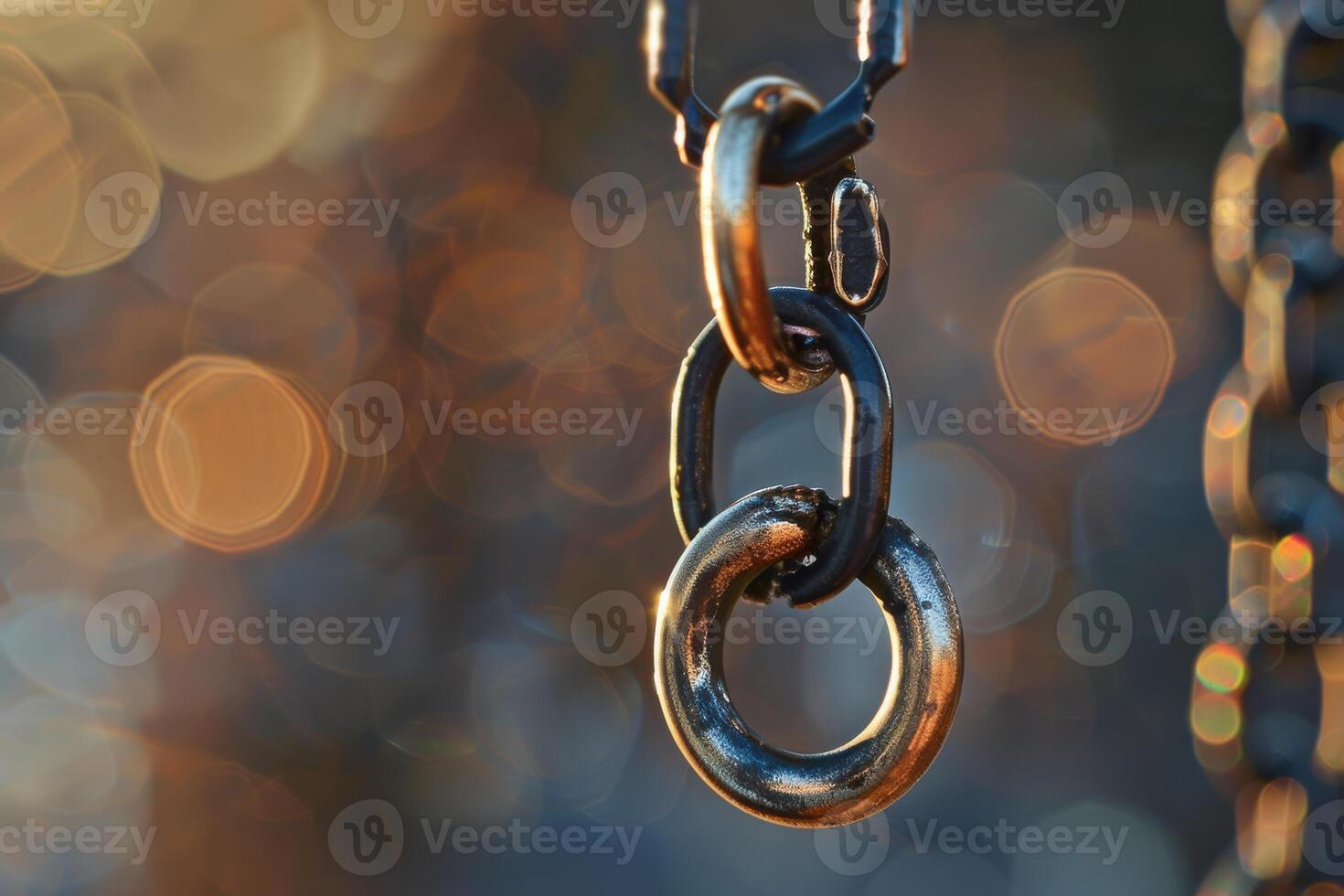 Close-up of interlinked metal chains suspended against a blurred sunset background photo