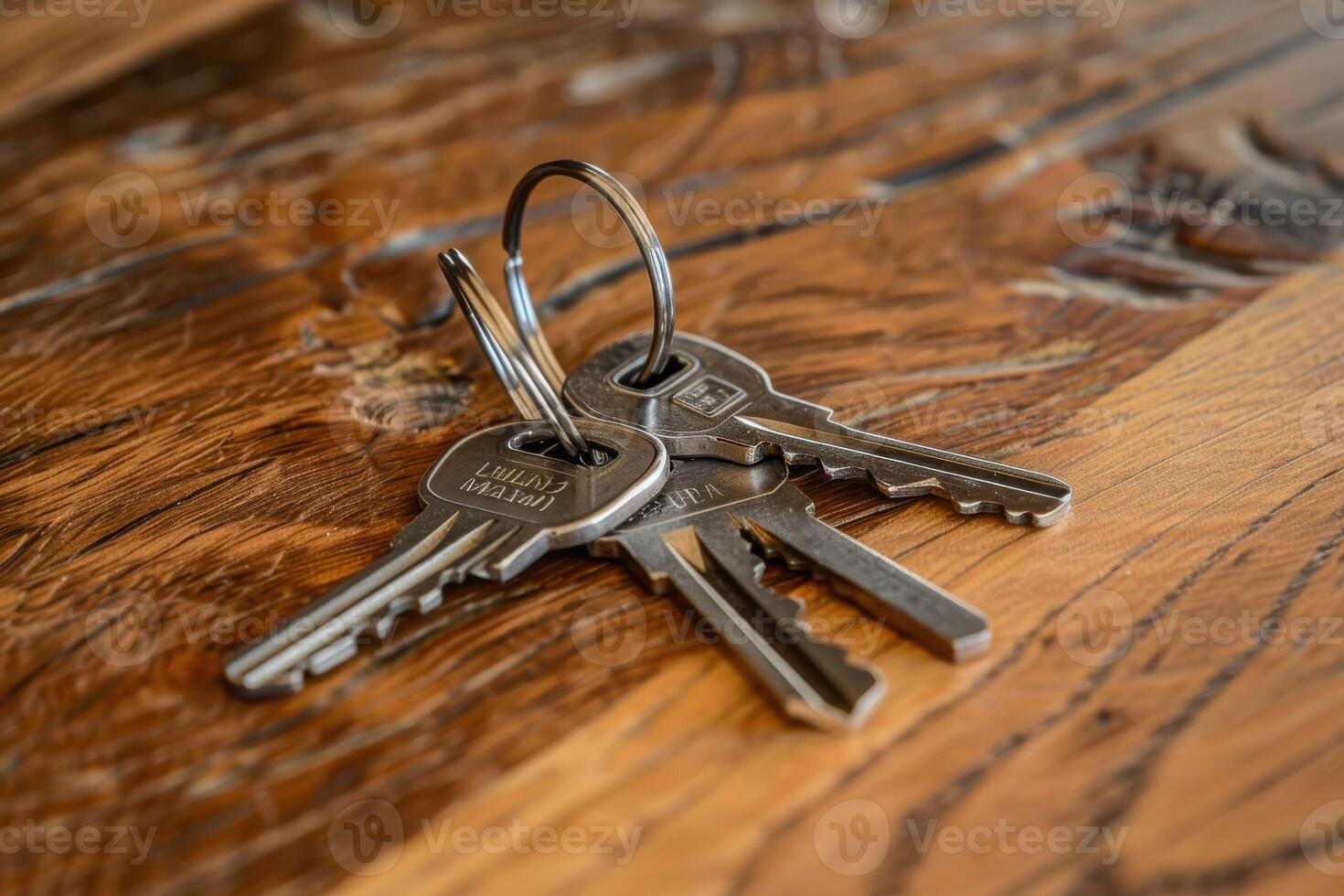 A close-up of a set of keys resting on a rustic wooden table photo