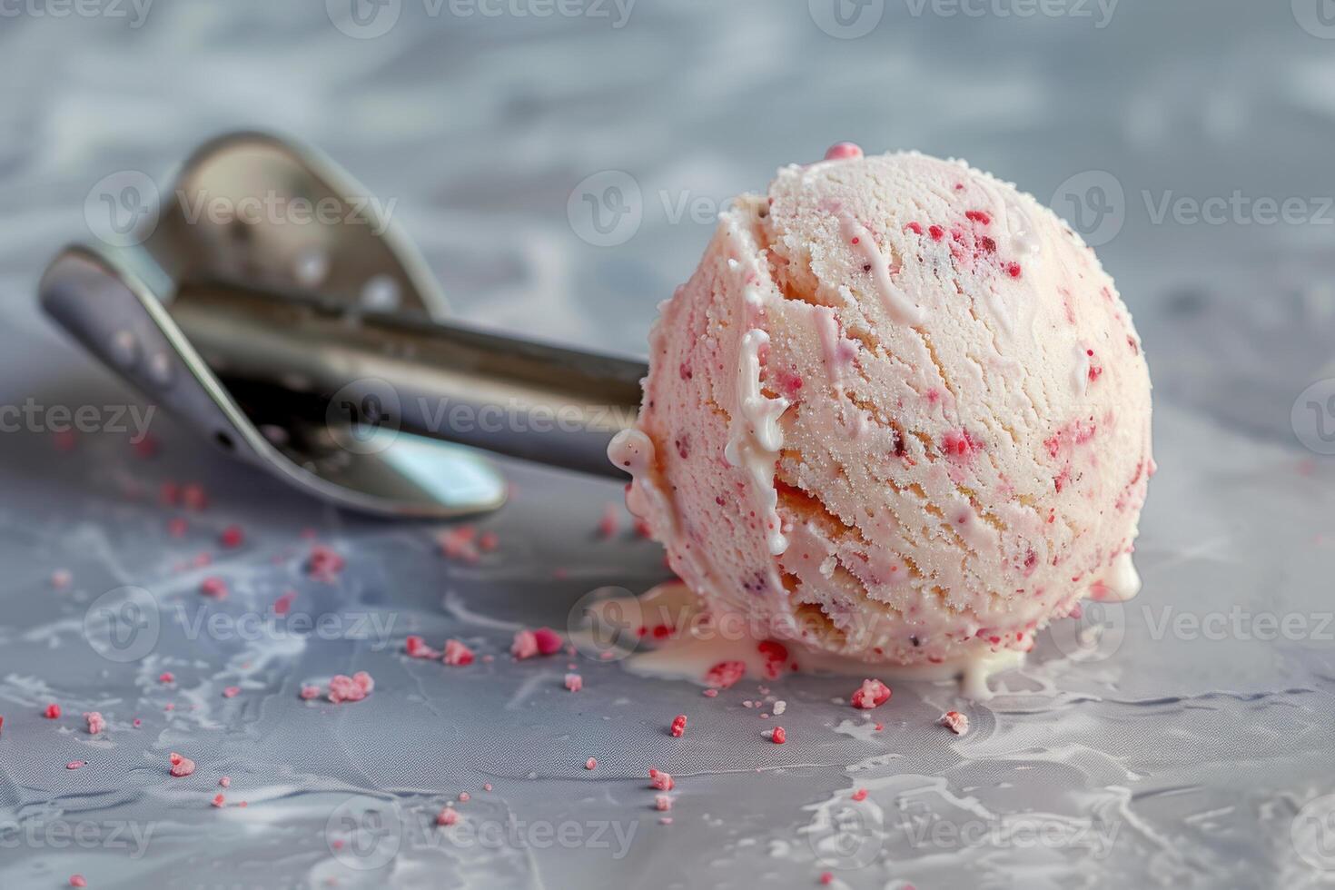 Delicious pink ice cream scoop with a metal ice cream scoop on a marble countertop photo