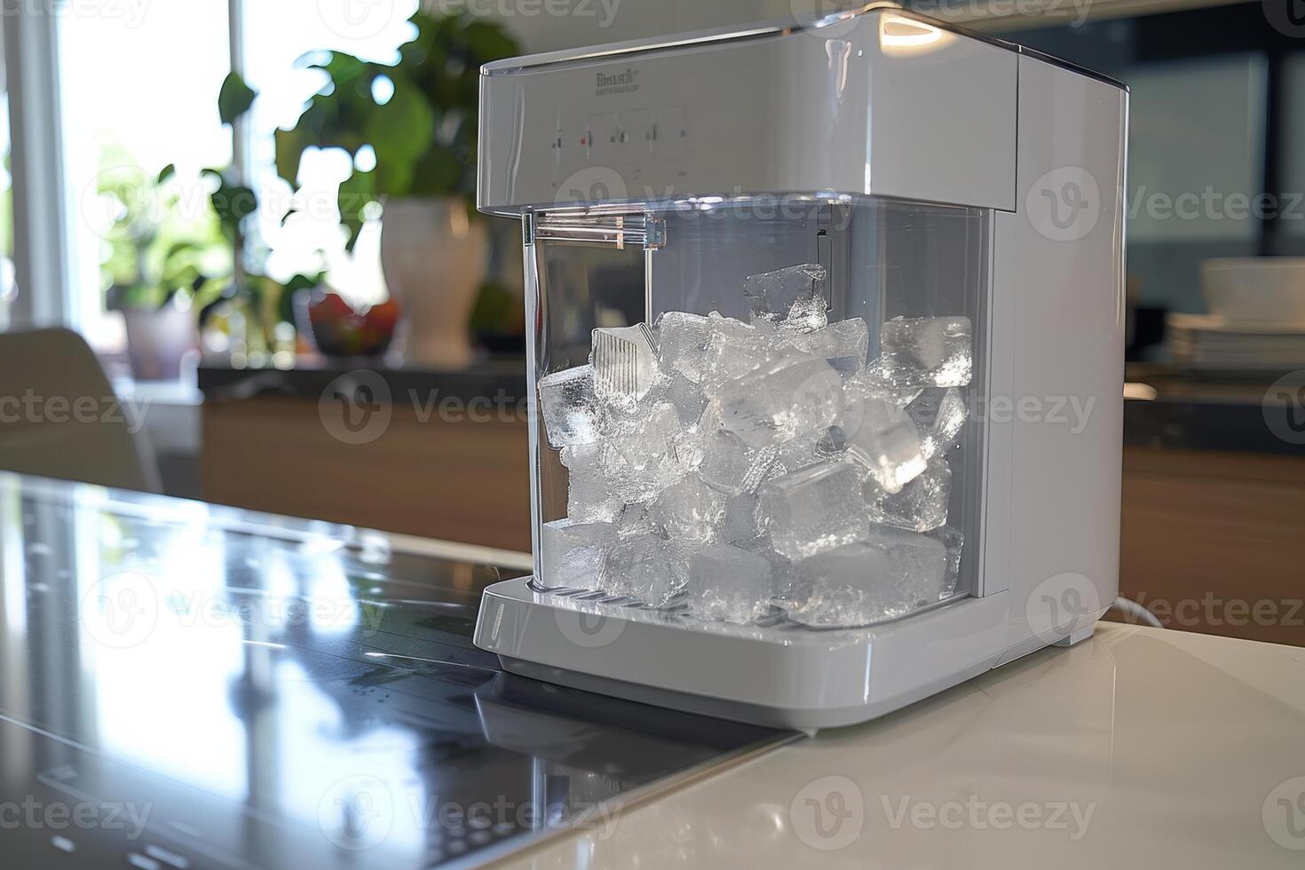 Ice maker machine on kitchen countertop with ice cubes visible in afternoon light photo