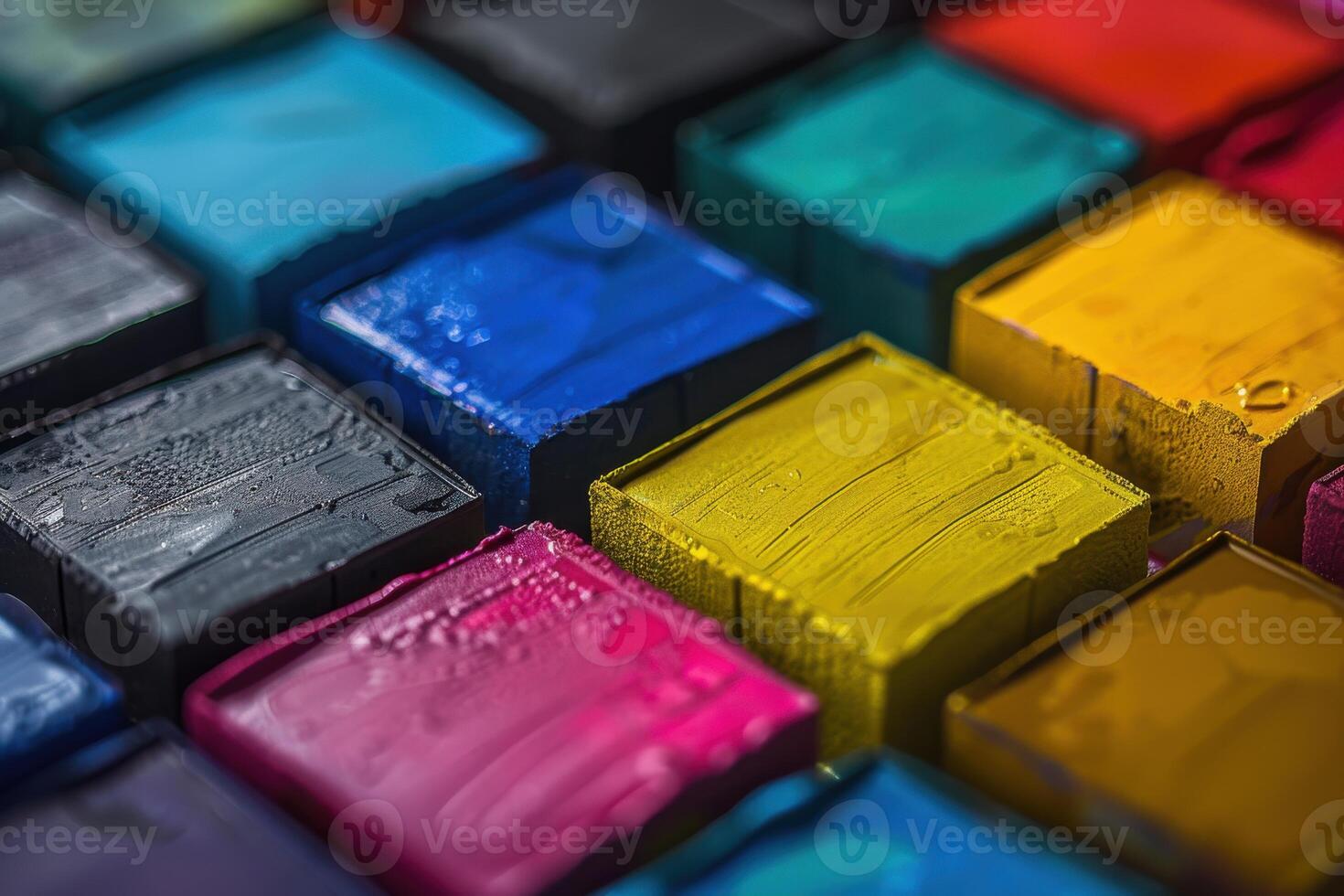 Vibrant colors of assorted square chalk pastels arranged on a workspace photo