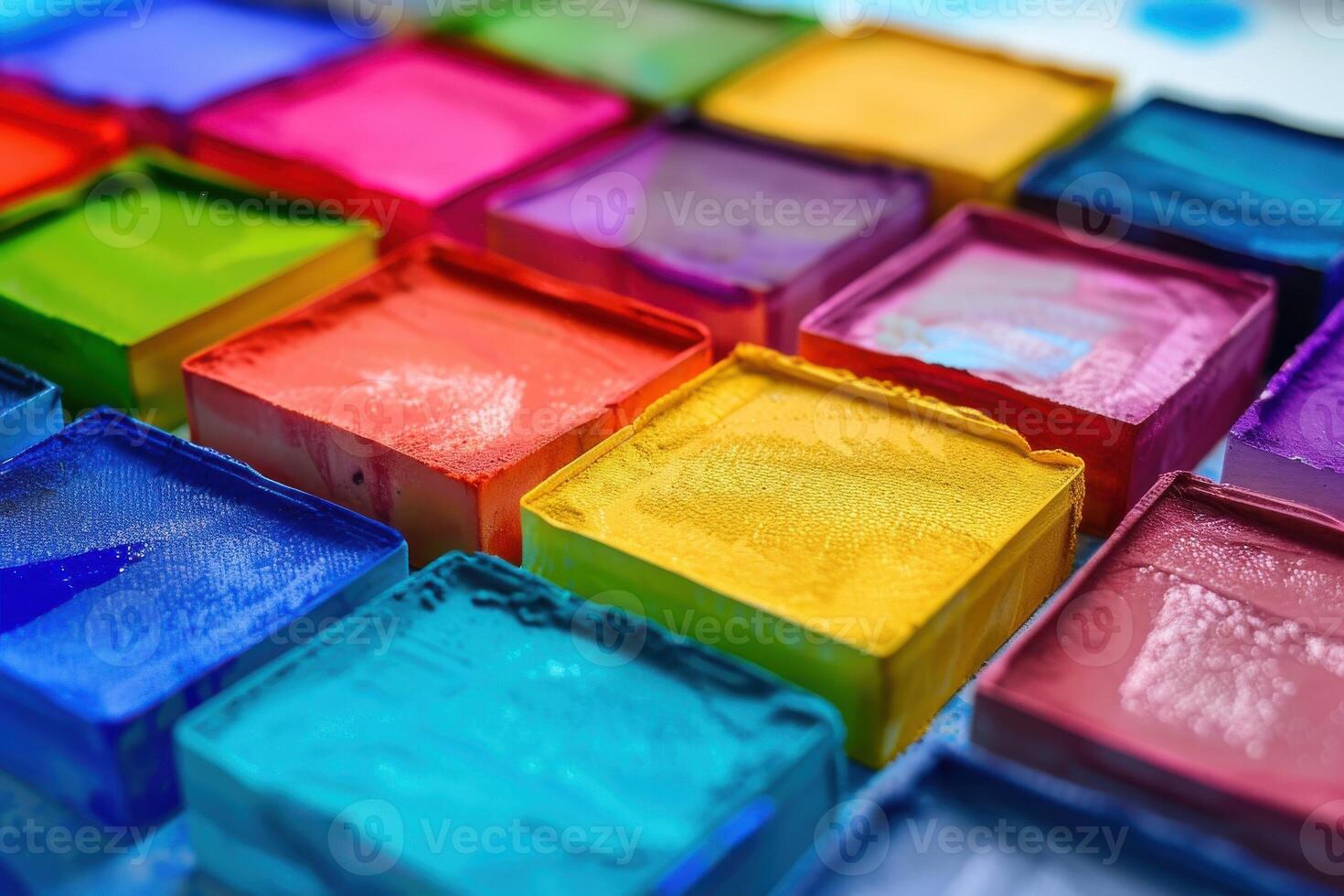 Vibrant watercolor paints arranged on a palette for creative art projects photo