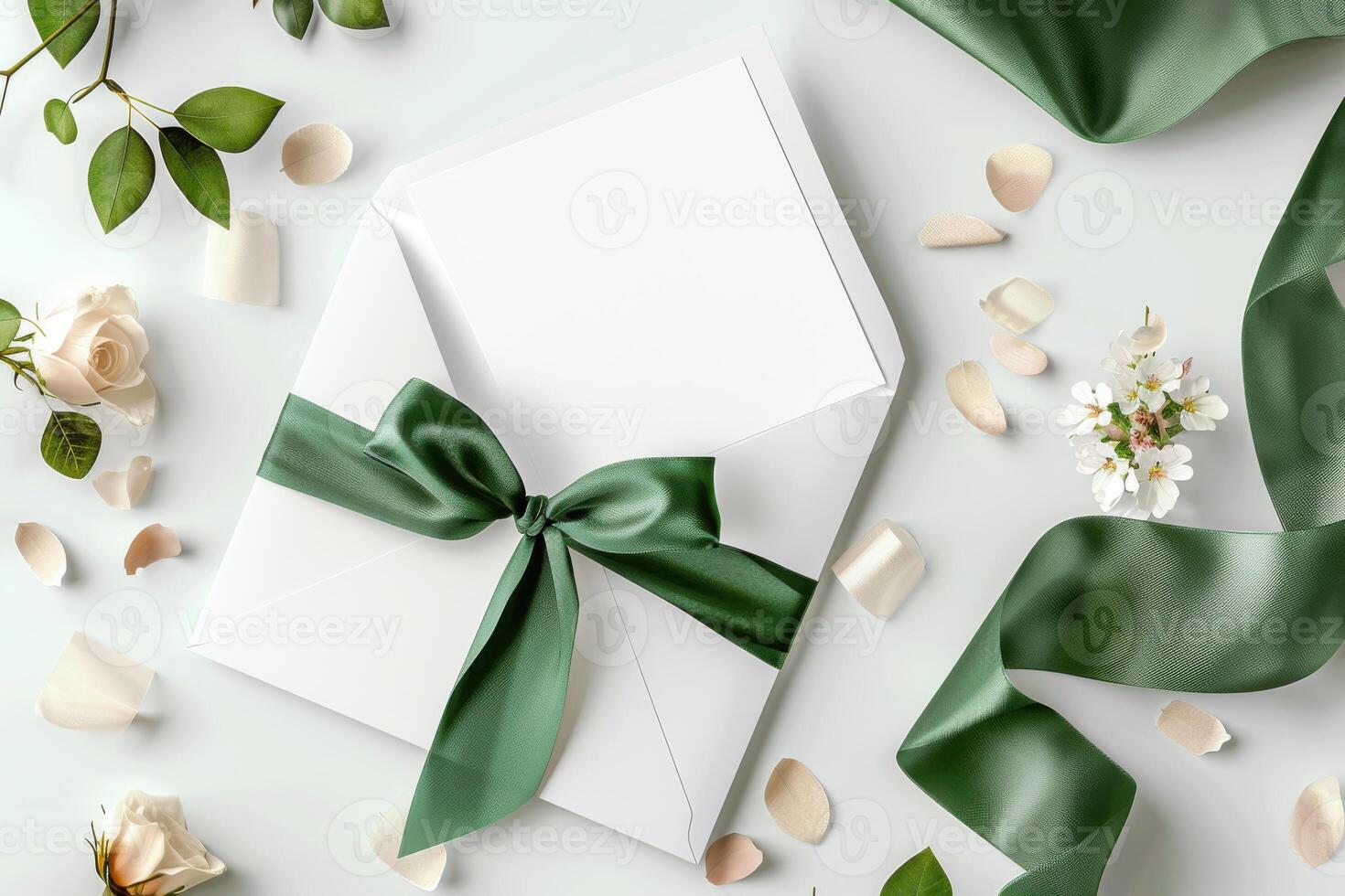 A wrapped gift with a green ribbon surrounded by flowers and petals on a light surface photo