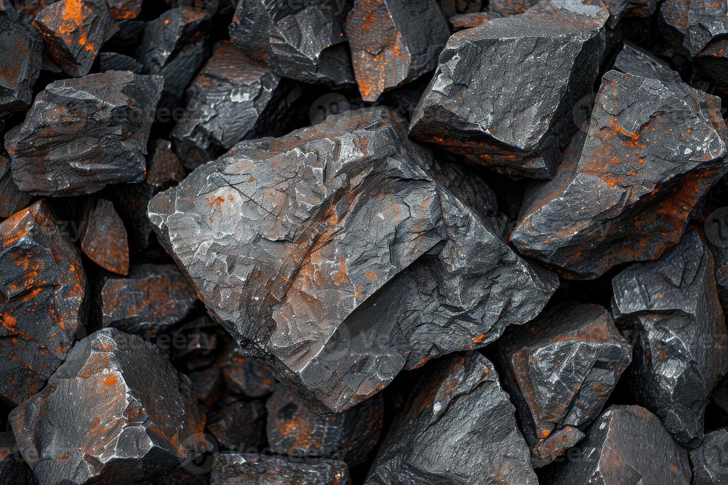 Close-up of dark volcanic rocks with orange textures on their surface, showcasing natural geology in a rugged landscape photo