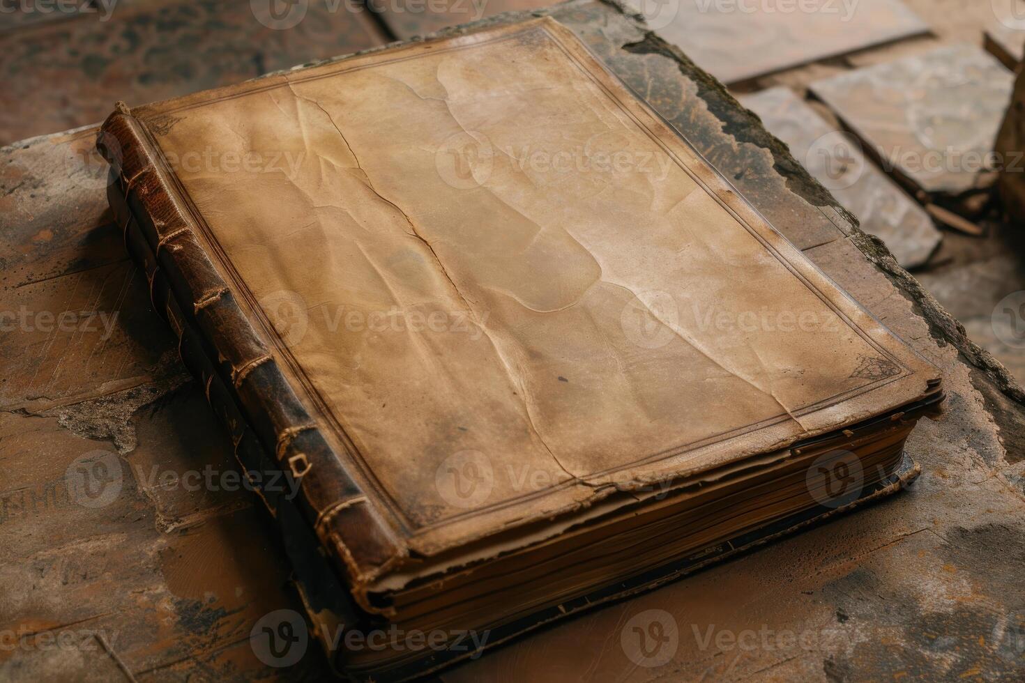 An antique leather-bound book resting on stone tiles in a dimly lit room photo
