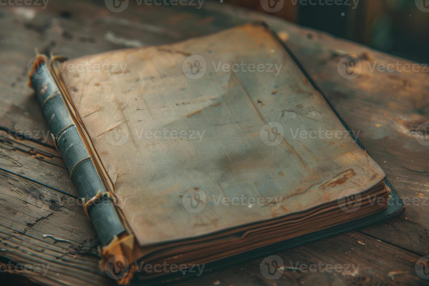 An antique book resting on a rustic wooden table with a warm, diffused light illuminating its worn cover photo