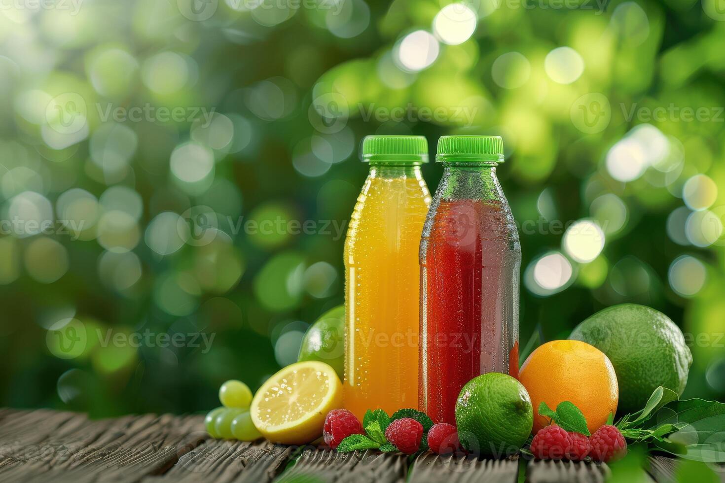 Freshly squeezed fruit juices displayed on a wooden table with vibrant greenery in the background during daylight photo