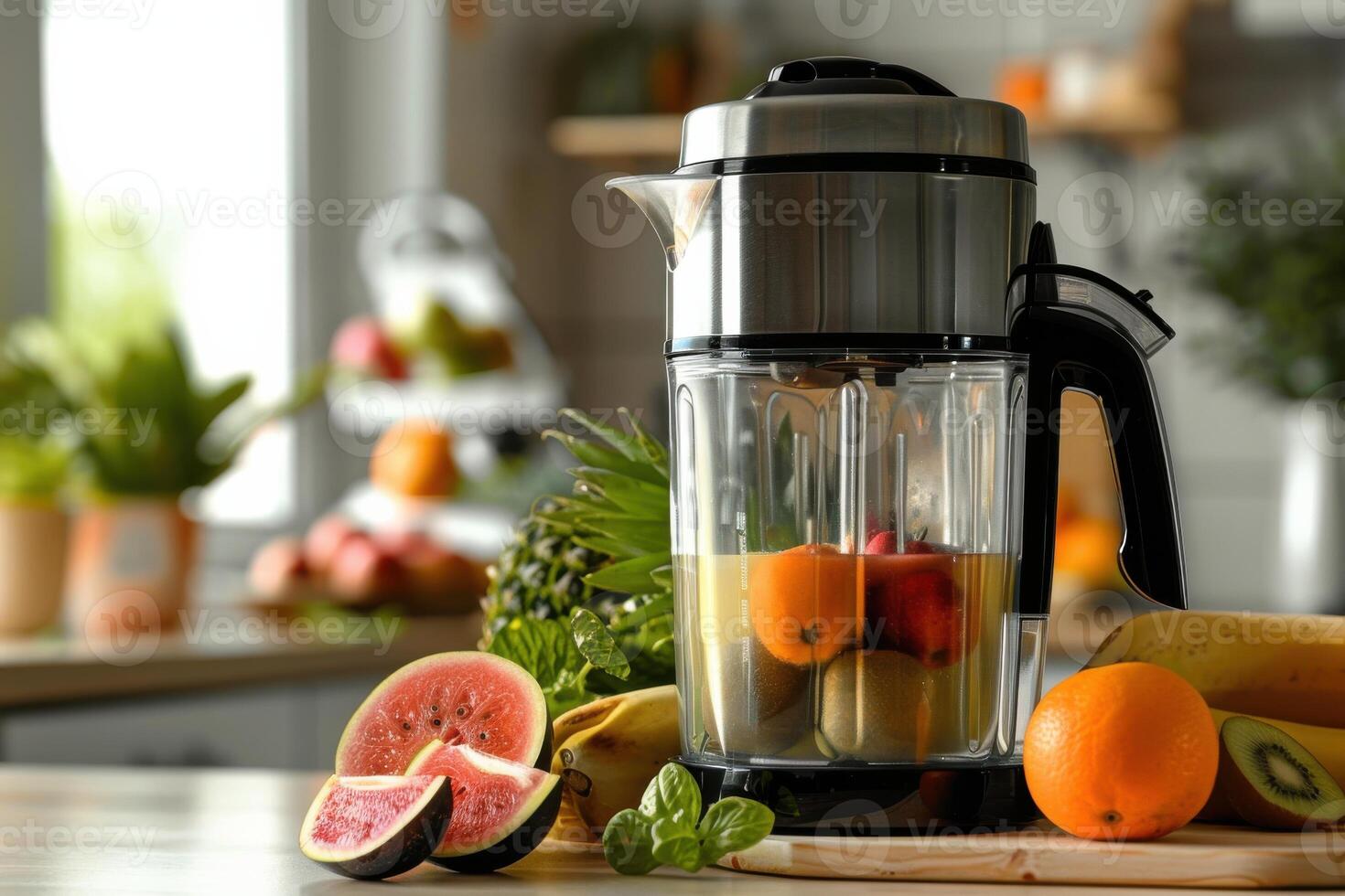 Fresh fruit preparing in a blender on a kitchen counter with vibrant produce in the background photo