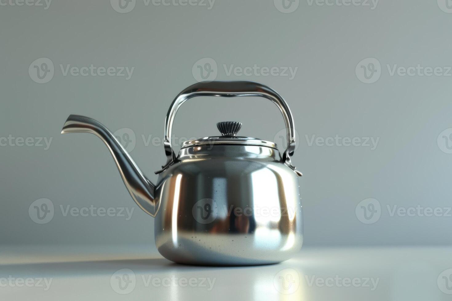 Metal kettle on a simple countertop with soft lighting in a minimalist kitchen photo