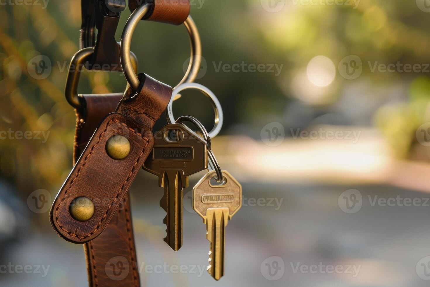 Keys hanging on a leather strap in a sunlit outdoor setting with blurred vehicles in the background photo