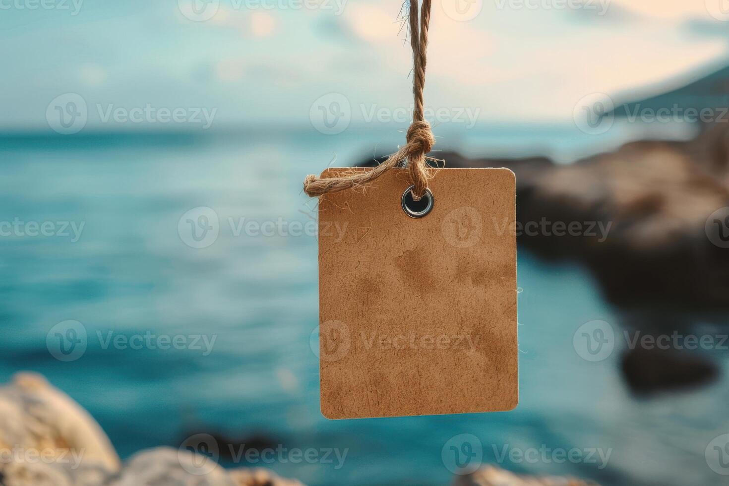 A blank tag hanging over calm water with rocks in the background on a sunny day photo