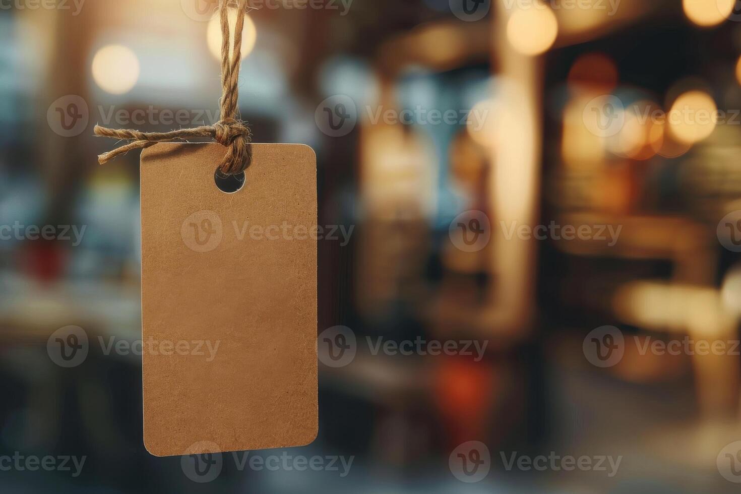 A blank brown tag hanging in a cozy cafe with warm lighting, suggesting a unique product or service at dusk photo