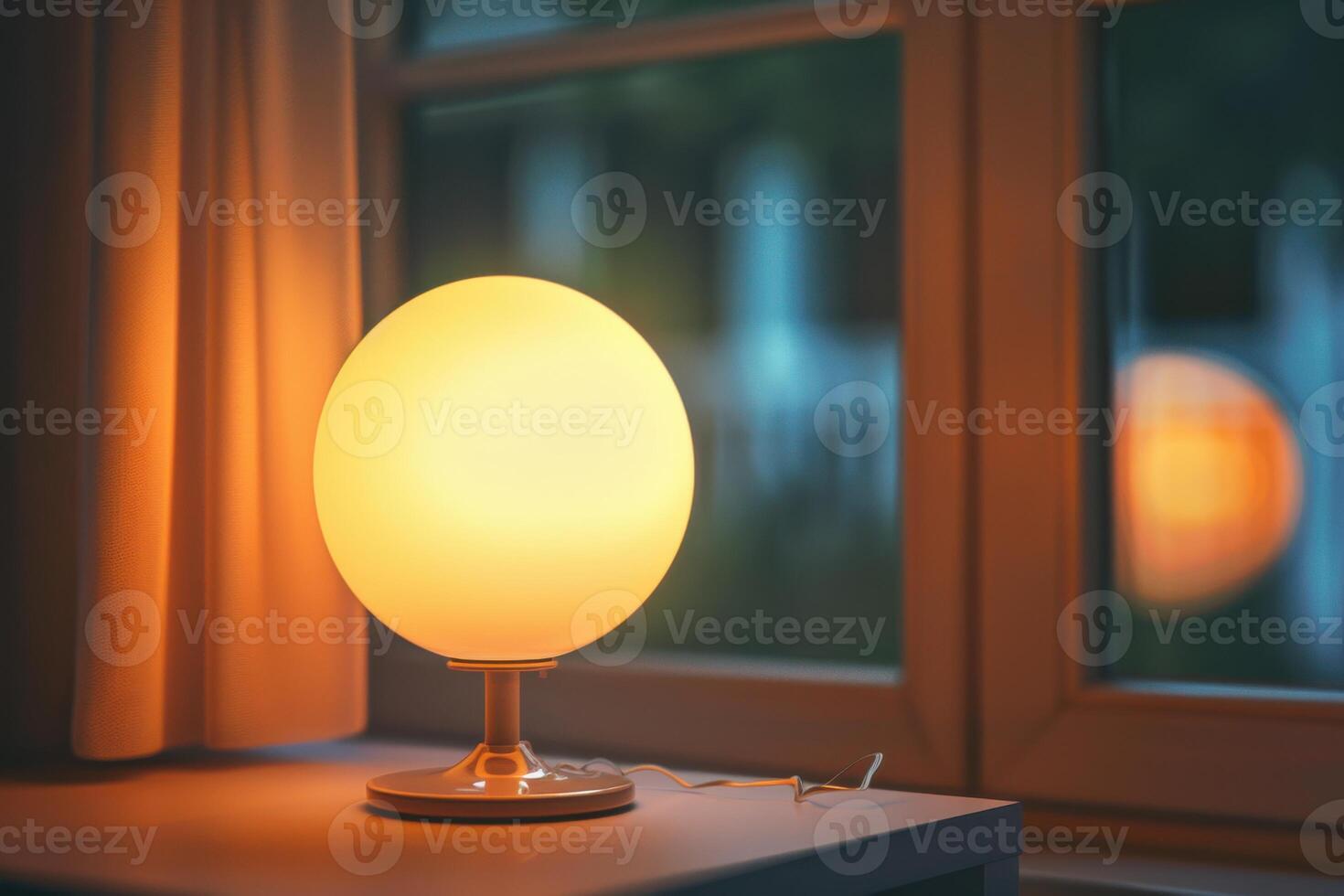 Soft glow of a round lamp on a table beside a window at twilight photo