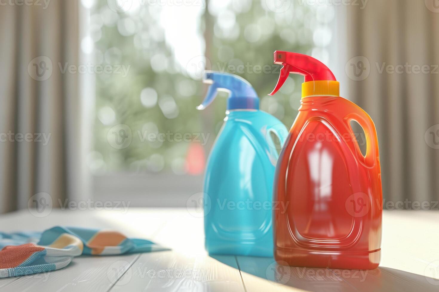 Colorful spray bottles on a table indoors with sunlight shining through a window photo