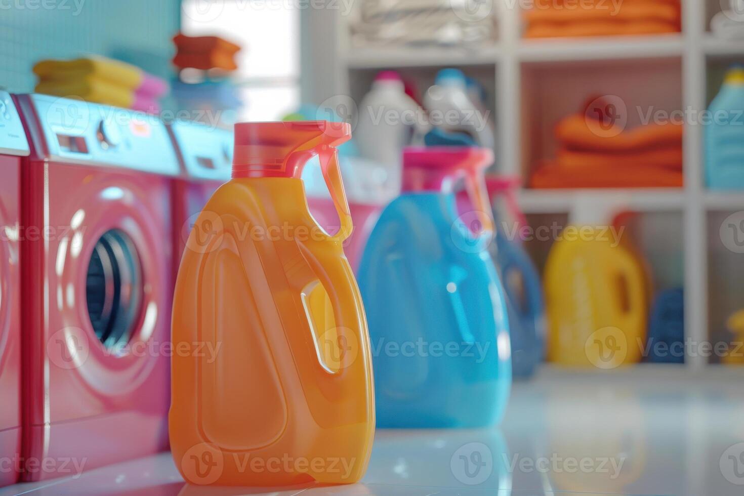 Colorful laundry detergent bottles in a bright laundry room with clean towels stacked on shelves photo