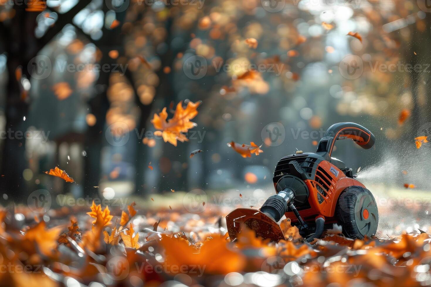 A gas-powered leaf blower at work in a park surrounded by colorful autumn leaves on a bright afternoon photo