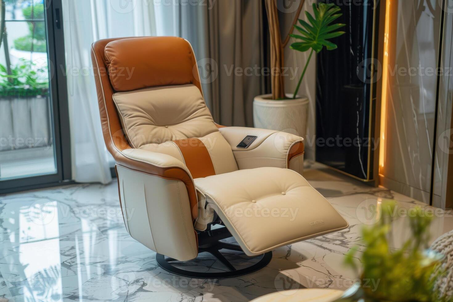 Comfortable reclining chair in a modern living room with natural light and stylish decor photo