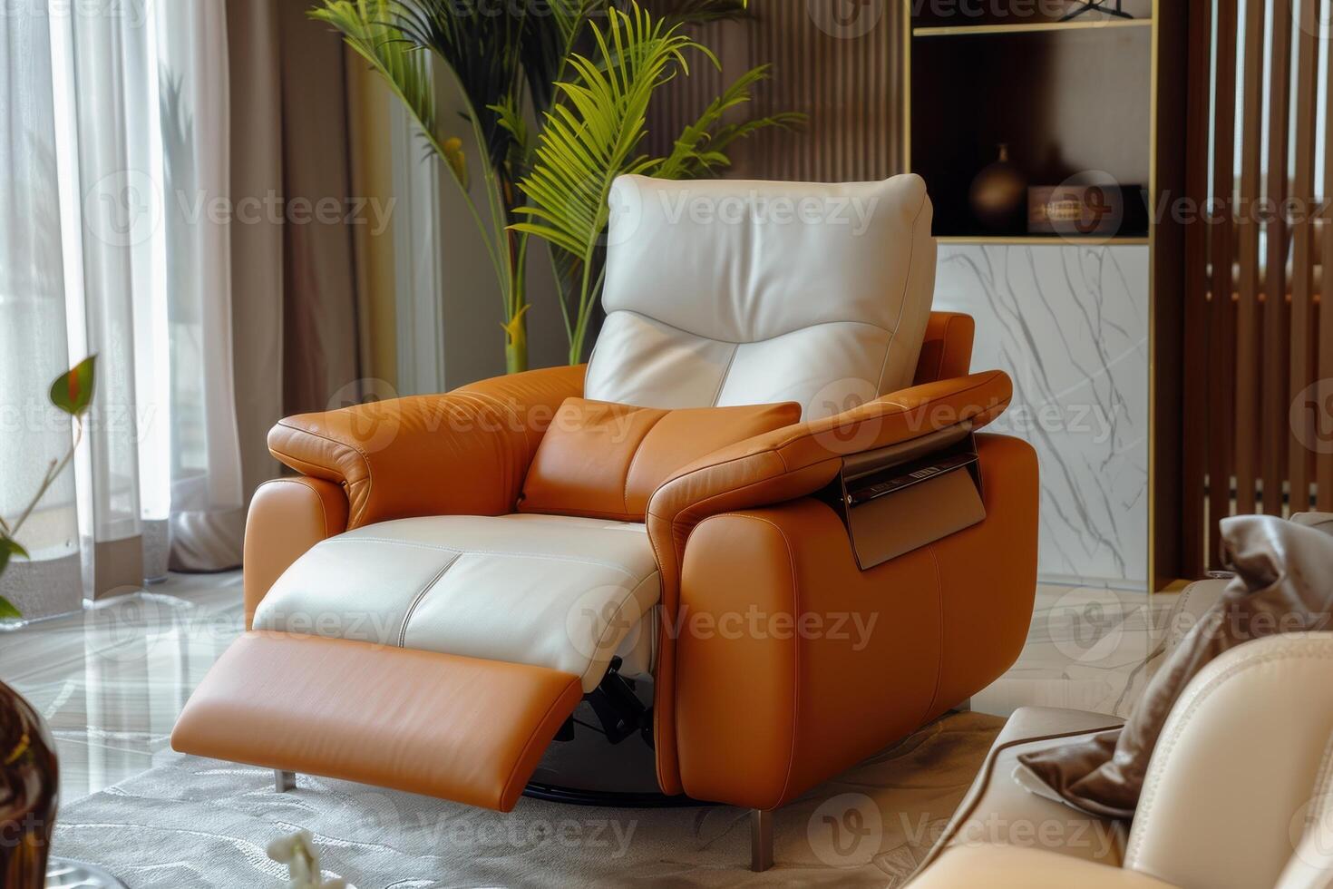 Modern leather recliner in a stylish living room with natural light and indoor plants photo